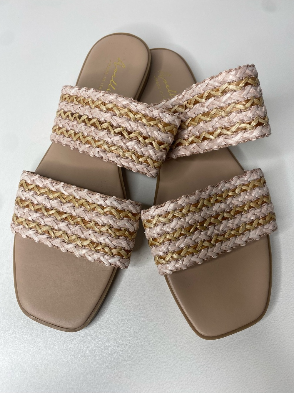 Avellini 9.5 Leather Sock Braided Band Slide Raffia Blush Pink/ Tan Sandals